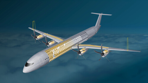 Flugzeugkonfiguration Plug-in-Hybrid: Reichweite 500 Kilometer batterieelektrisch, hybrid-elektrisch zusätzlich mit nachhaltigen Treibstoffen  bis zu 2800 Kilometer.
