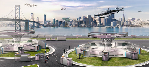 Hyundais Vison eines dualen Mobiltätskonzeptes für Großstädte mit einem Personal-Air-Vehicle in der Luft und einem Purpose-Built-Vehicle am Boden.