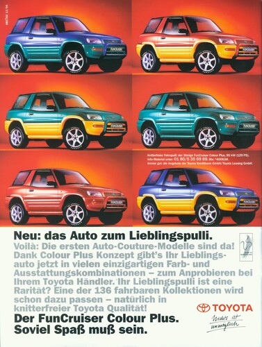 Zweitgenössische Zeitungsanzeigen für den Toyota RAV4.